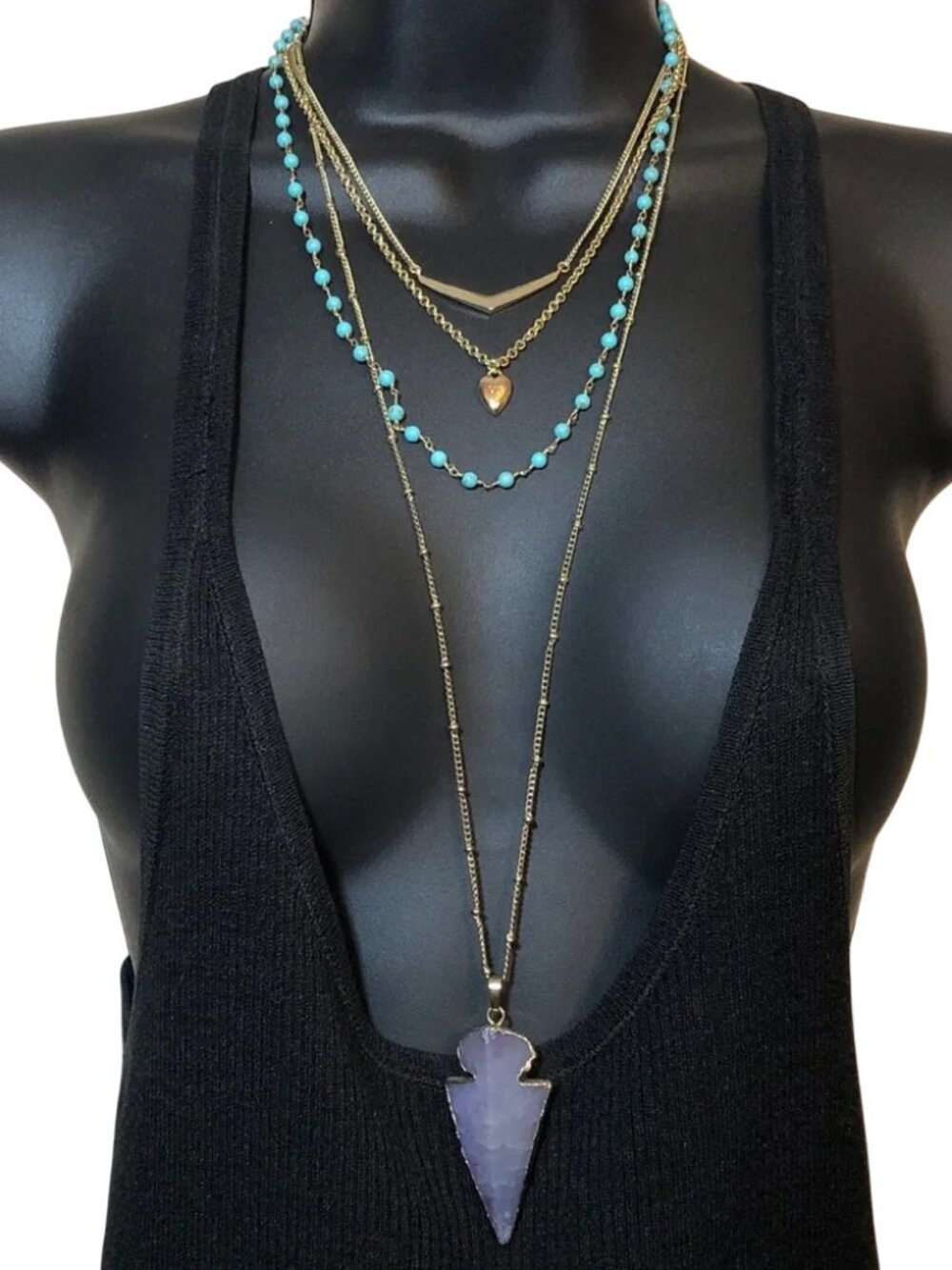 Vera Bradeley Layered Turquoise Like Heart Chain Necklace + Agate Arrow Pendant